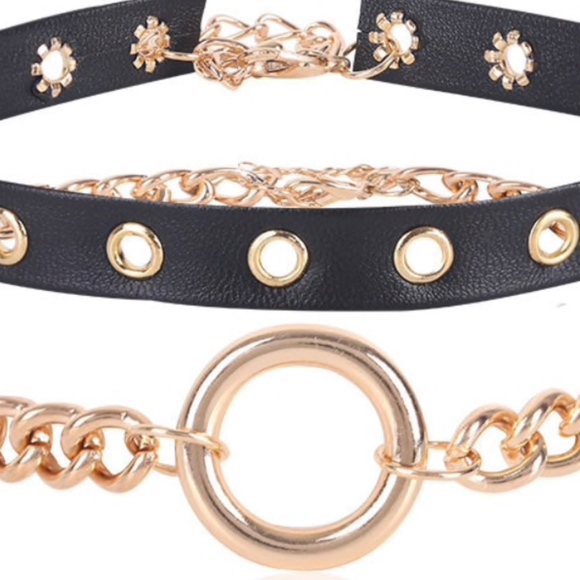 Layered Black Leather Gold O-Ring Chain Choker - Picture 2 of 3